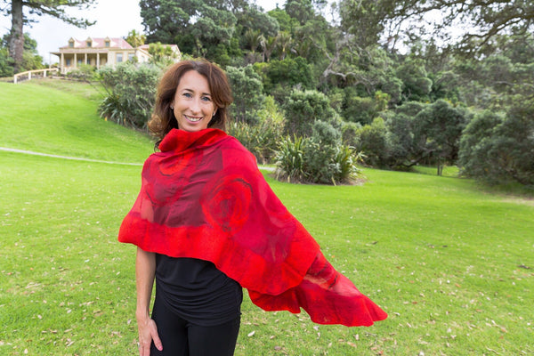Red flowers shawl, scarf, cape, bolero, nuno felted on natural silk with merino wool, handmade in New Zealand