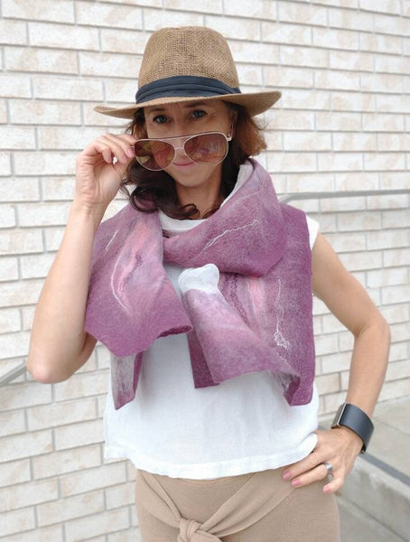 Color of plum, dusty pink scarf. Wet merino and silk felted amazing piece in wardrobe. Suits with beige, black, marine blue t-shirt, jacket.