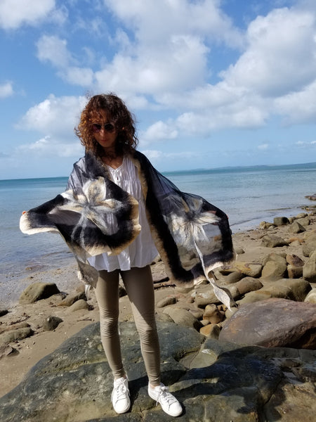 Unique scarf beige, gray and black, decorated with superfine merino wool and silk. Hand Made in New Zealand, Soft, Warm, Light all in one