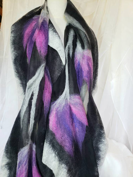 Purple and lilac tulips on shawl. Nuno felting merino & silk scarf fits to dress, evening.