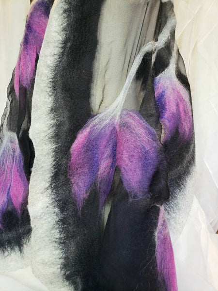Purple and lilac tulips on shawl. Nuno felting merino & silk scarf fits to dress, evening.
