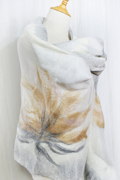 Nunofelted wrap, shawl the addition to the dress, jacket, silk merino scarf in nude, cream color, Unique stole design, versatile, warm cape