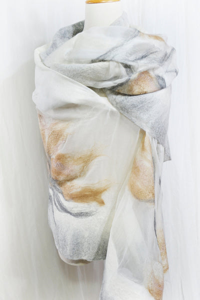 Nunofelted wrap, shawl the addition to the dress, jacket, silk merino scarf in nude, cream color, Unique stole design, versatile, warm cape