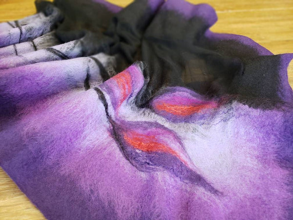Purple violet and unique nuno felted scarf, elegant shawl to dress or coat. Handmade with Love in New Zealand, versatile cape, gift for her.
