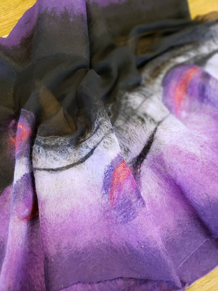 Purple violet and unique nuno felted scarf, elegant shawl to dress or coat. Handmade with Love in New Zealand, versatile cape, gift for her.