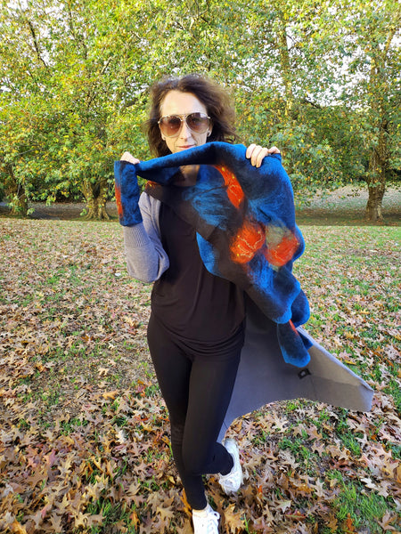 Scarf Ocean blue & red pohutukawa, Silk shawl goes with jacket, dress, handmade gift for woman, New Zealand nunofelted, light soft merino