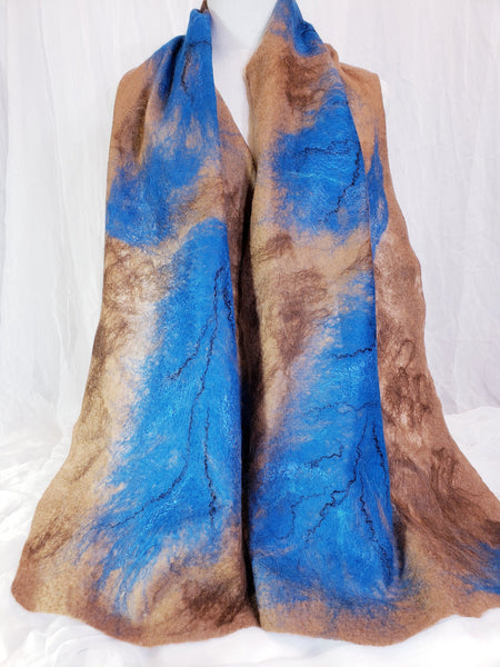Scarf blue feather, soft, delicate, airy merino and silk, shawl wet felted, wear with brown jacket, blue dress, wearable gifts for ladies,