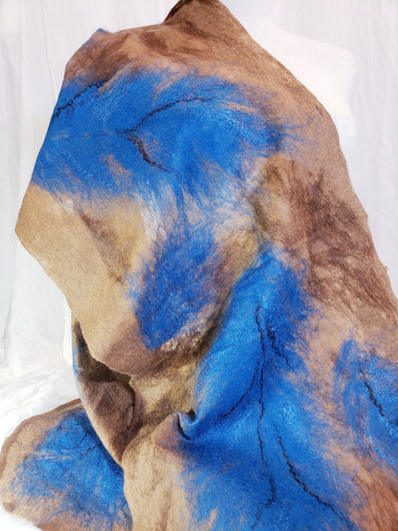 Scarf blue feather, soft, delicate, airy merino and silk, shawl wet felted, wear with brown jacket, blue dress, wearable gifts for ladies,