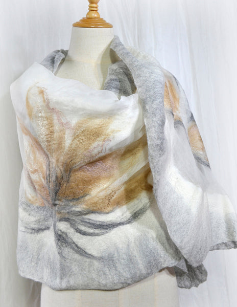 Nunofelted wrap, shawl the addition to the dress, jacket, silk merino scarf in nude, cream color, Unique stole design, versatile, warm cape