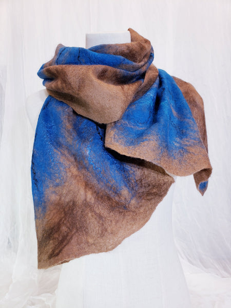 Scarf blue feather, soft, delicate, airy merino and silk, shawl wet felted, wear with brown jacket, blue dress, wearable gifts for ladies,