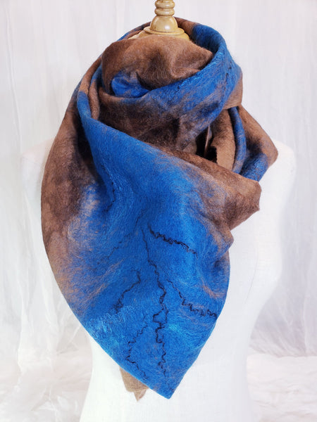 Scarf blue feather, soft, delicate, airy merino and silk, shawl wet felted, wear with brown jacket, blue dress, wearable gifts for ladies,
