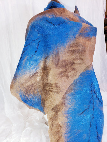 Scarf blue feather, soft, delicate, airy merino and silk, shawl wet felted, wear with brown jacket, blue dress, wearable gifts for ladies,