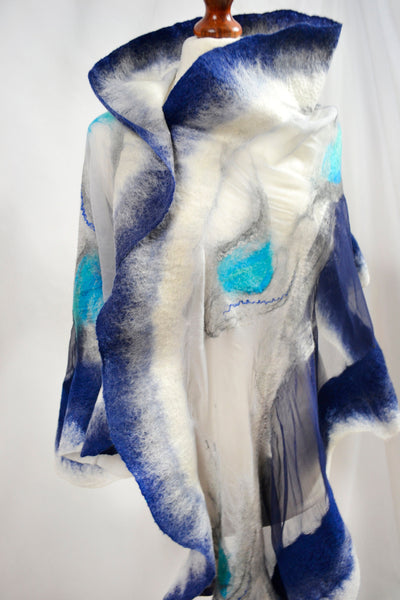 Silk Merino Shawl – Blue White Evening Wrap | Versatile Handmade Merino Silk