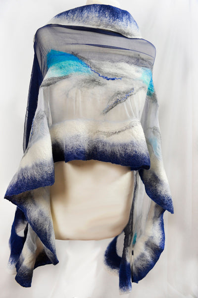 Silk Merino Shawl – Blue White Evening Wrap | Versatile Handmade Merino Silk