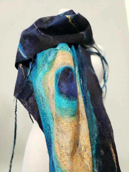 Light scarf peacock feather, merino wool & silk, gold with turquoise shawl, suits to dress, jacket. Top Quality Wearable art. Handmade gift.