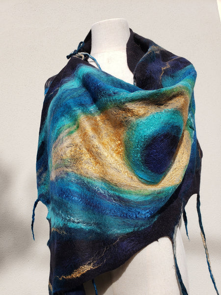 Light scarf peacock feather, merino wool & silk, gold with turquoise shawl, suits to dress, jacket. Top Quality Wearable art. Handmade gift.