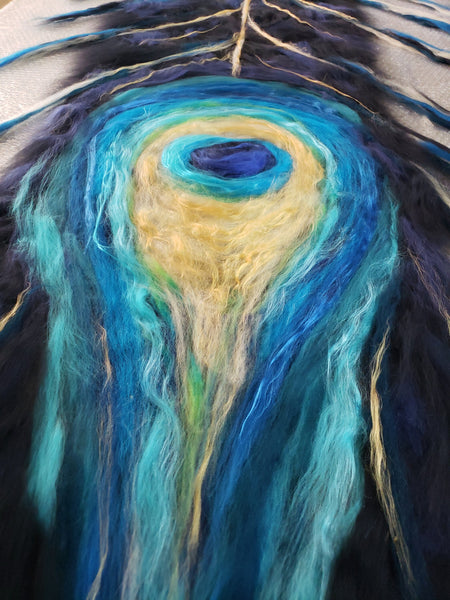 Light scarf peacock feather, merino wool & silk, gold with turquoise shawl, suits to dress, jacket. Top Quality Wearable art. Handmade gift.