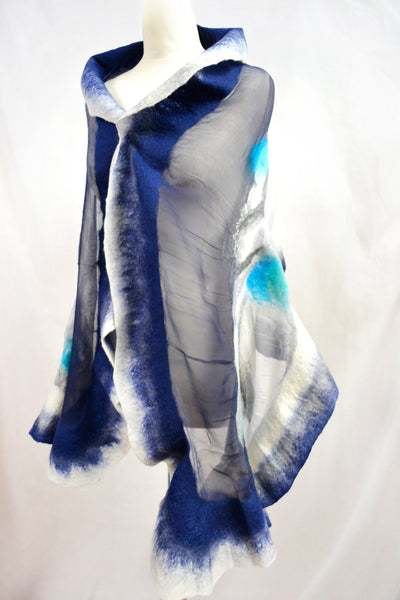 Silk Merino Shawl – Blue White Evening Wrap | Versatile Handmade Merino Silk