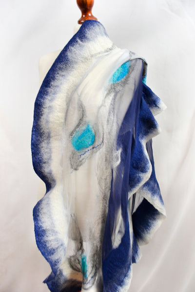 Silk Merino Shawl – Blue White Evening Wrap | Versatile Handmade Merino Silk