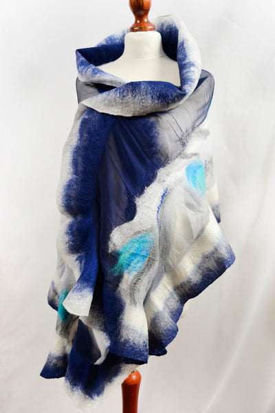 Silk Merino Shawl – Blue White Evening Wrap | Versatile Handmade Merino Silk