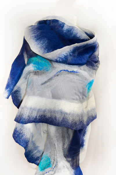 Silk Merino Shawl – Blue White Evening Wrap | Versatile Handmade Merino Silk