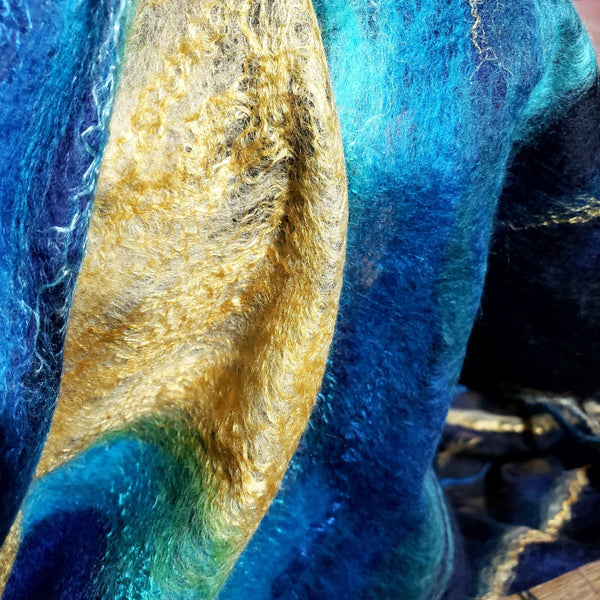 Light scarf peacock feather, merino wool & silk, gold with turquoise shawl, suits to dress, jacket. Top Quality Wearable art. Handmade gift.