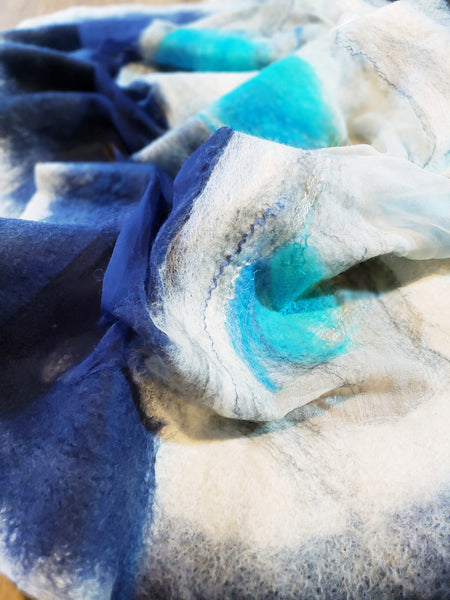 Silk Merino Shawl – Blue White Evening Wrap | Versatile Handmade Merino Silk