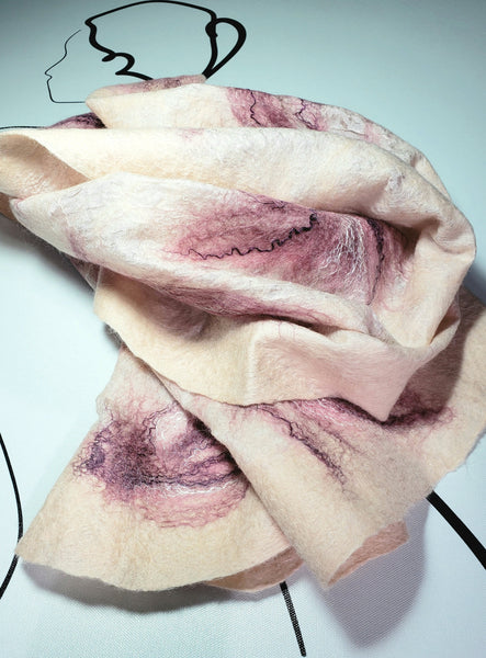 Scarf Pearl pink, peach, crinkled double-sided wool & silk, versatile wearableart. Goes well with white, beige, black shirt, jacket, dress.