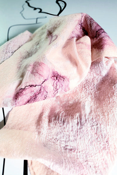 Scarf Pearl pink, peach, crinkled double-sided wool & silk, versatile wearableart. Goes well with white, beige, black shirt, jacket, dress.