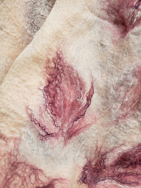 Scarf Pearl pink, peach, crinkled double-sided wool & silk, versatile wearableart. Goes well with white, beige, black shirt, jacket, dress.