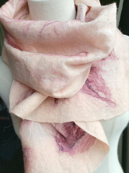 Scarf Pearl pink, peach, crinkled double-sided wool & silk, versatile wearableart. Goes well with white, beige, black shirt, jacket, dress.