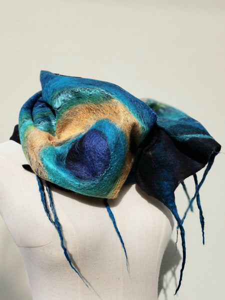 Light scarf peacock feather, merino wool & silk, gold with turquoise shawl, suits to dress, jacket. Top Quality Wearable art. Handmade gift.