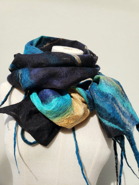 Light scarf peacock feather, merino wool & silk, gold with turquoise shawl, suits to dress, jacket. Top Quality Wearable art. Handmade gift.