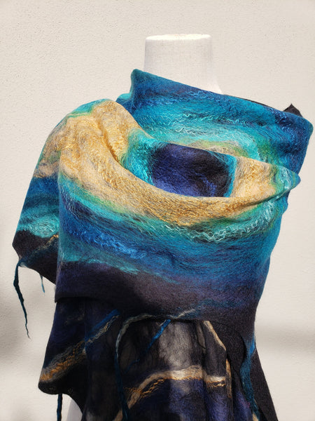 Light scarf peacock feather, merino wool & silk, gold with turquoise shawl, suits to dress, jacket. Top Quality Wearable art. Handmade gift.