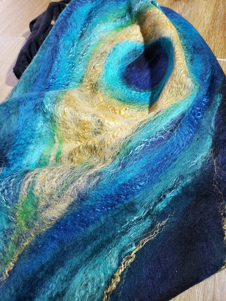 Light scarf peacock feather, merino wool & silk, gold with turquoise shawl, suits to dress, jacket. Top Quality Wearable art. Handmade gift.