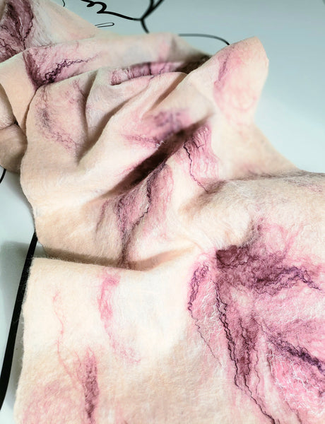 Scarf Pearl pink, peach, crinkled double-sided wool & silk, versatile wearableart. Goes well with white, beige, black shirt, jacket, dress.