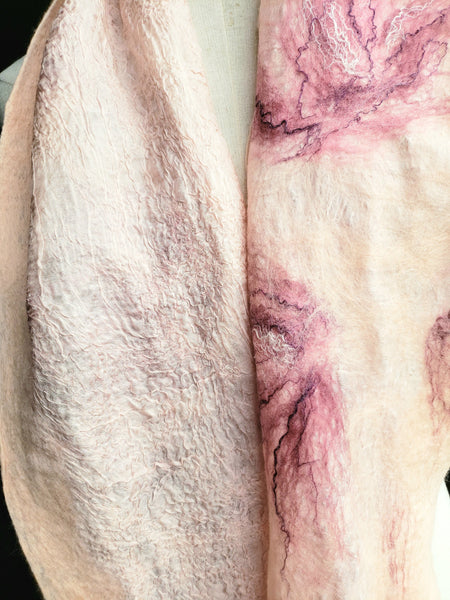 Scarf Pearl pink, peach, crinkled double-sided wool & silk, versatile wearableart. Goes well with white, beige, black shirt, jacket, dress.