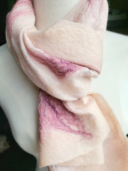 Scarf Pearl pink, peach, crinkled double-sided wool & silk, versatile wearableart. Goes well with white, beige, black shirt, jacket, dress.