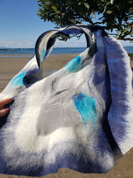 Silk Merino Shawl – Blue White Evening Wrap | Versatile Handmade Merino Silk
