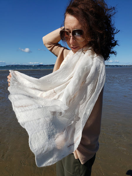 Luxury soft shawl, merino wool with silk, wedding cape, bridal cream handmade scarf, women creation, simple stripes design