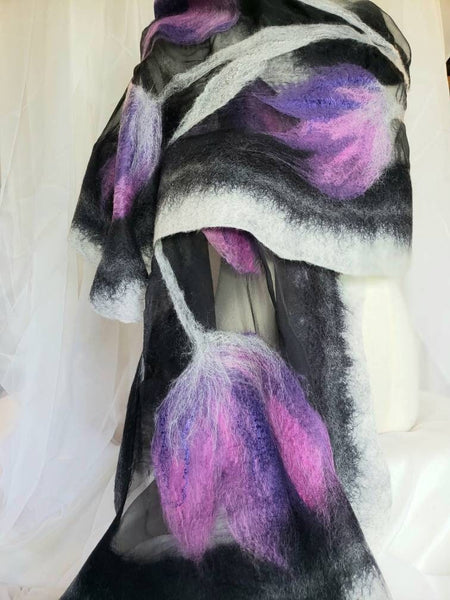 Purple and lilac tulips on shawl. Nuno felting merino & silk scarf fits to dress, evening.