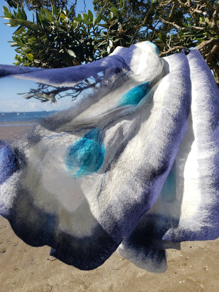 Silk Merino Shawl – Blue White Evening Wrap | Versatile Handmade Merino Silk