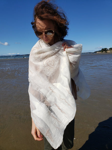 Luxury soft shawl, merino wool with silk, wedding cape, bridal cream handmade scarf, women creation, simple stripes design
