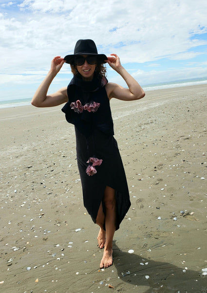 ROSES shawl, silk & merino wool, unique wearable art, evening outfit, lightweight scarf in black and pink.