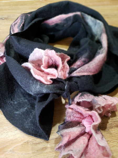 ROSES shawl, silk & merino wool, unique wearable art, evening outfit, lightweight scarf in black and pink.
