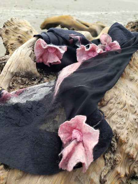 ROSES shawl, silk & merino wool, unique wearable art, evening outfit, lightweight scarf in black and pink.