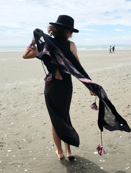 ROSES shawl, silk & merino wool, unique wearable art, evening outfit, lightweight scarf in black and pink.