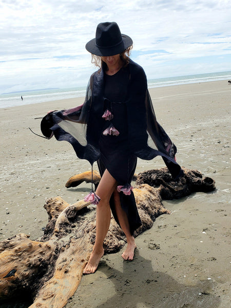 ROSES shawl, silk & merino wool, unique wearable art, evening outfit, lightweight scarf in black and pink.