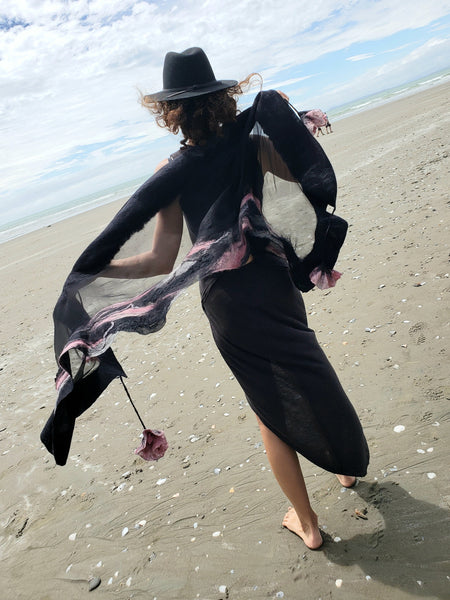 ROSES shawl, silk & merino wool, unique wearable art, evening outfit, lightweight scarf in black and pink.