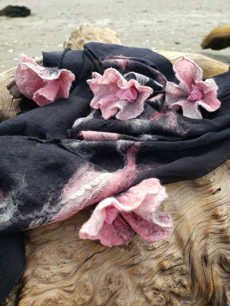 ROSES shawl, silk & merino wool, unique wearable art, evening outfit, lightweight scarf in black and pink.